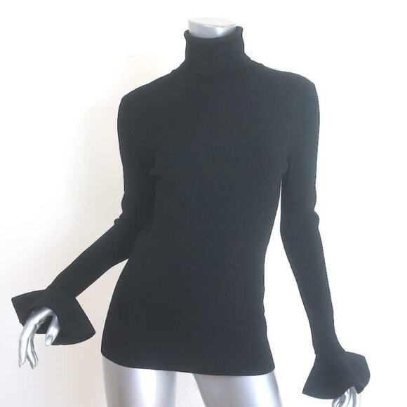 Valentino Bell Sleeve Turtleneck Sweater Black Ribbed Stretch Knit Size Large - Picture 1 of 9